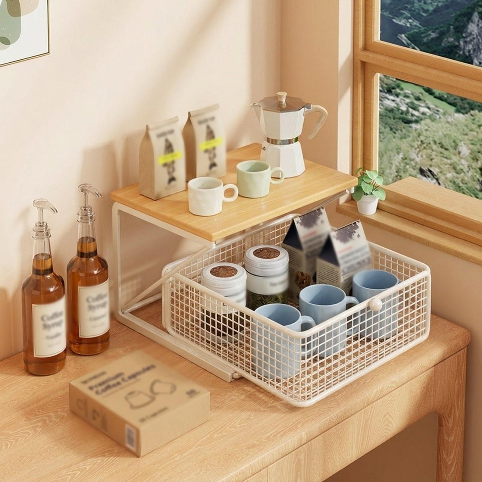 Coffee Station Organizer Aufbewahrungsständer Kaffeepod-Organizer Küchenzubehör Regal mit Stabilem Eisen-Holz-Rahmen für Kaffeebar Arbeitszimmer