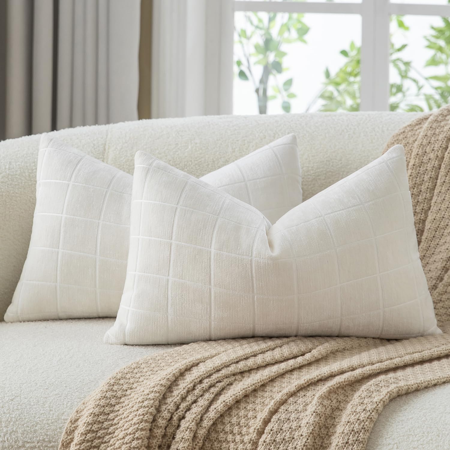 Mandioo Pack of 2 Chenille Check Cushion covers 40x80cm 16x32 Inch Vintage Plaid Decorative Pillow Covers Soft Velvet Backing Throw Pillow cases Farmhouse Sofa Couch Bed Living Room CreamWhite — image 1