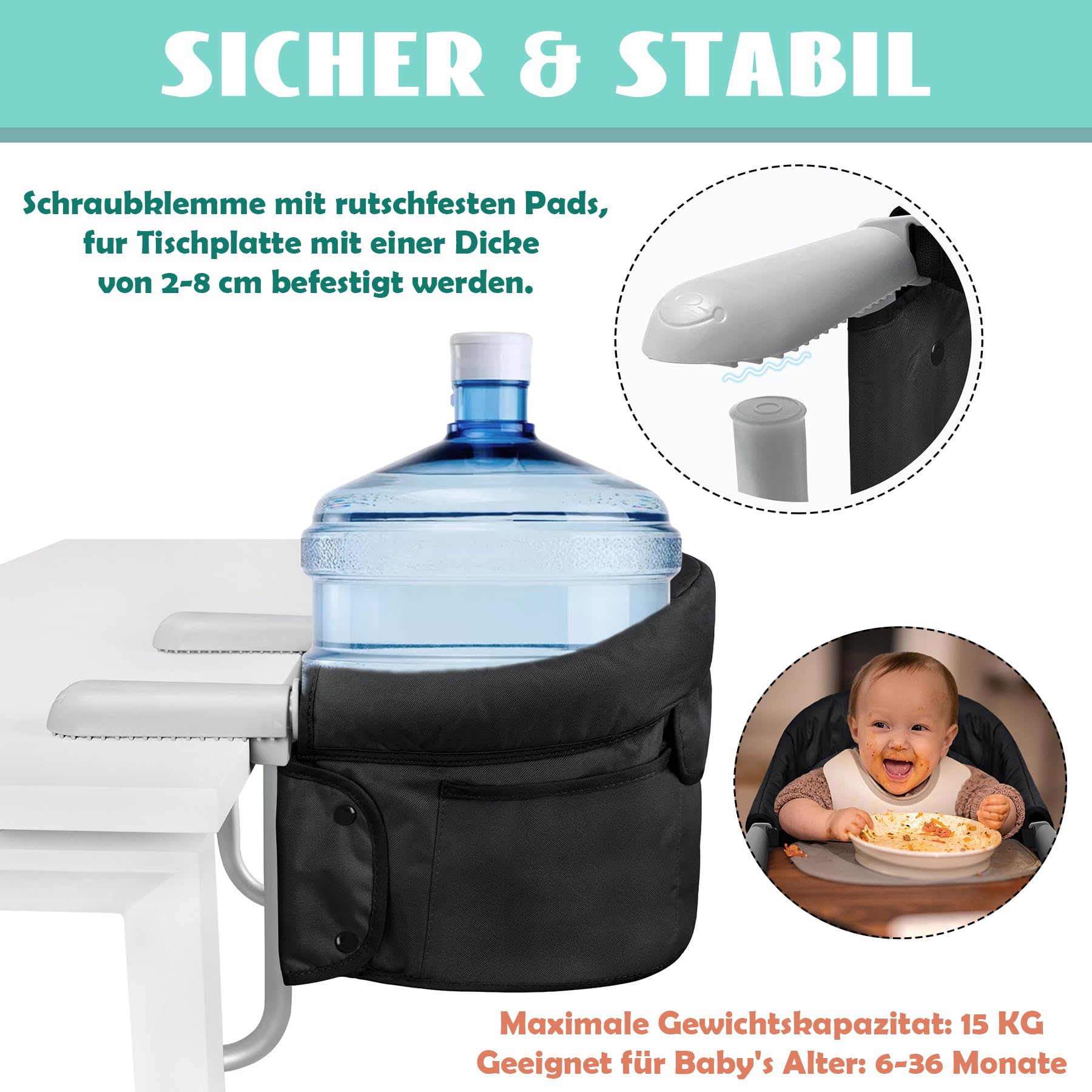 SUBTLETY Tischsitz Faltbar Babystuhl Babysitz mit Transporttasche Rutschfest Klemmen und Sitztasche Tragbarer Baby Hochstuhl für 2-8 cm Dicke Tisch Boostersitz Kinderstuhl Belastbarkeit 15 kg, Schwarz