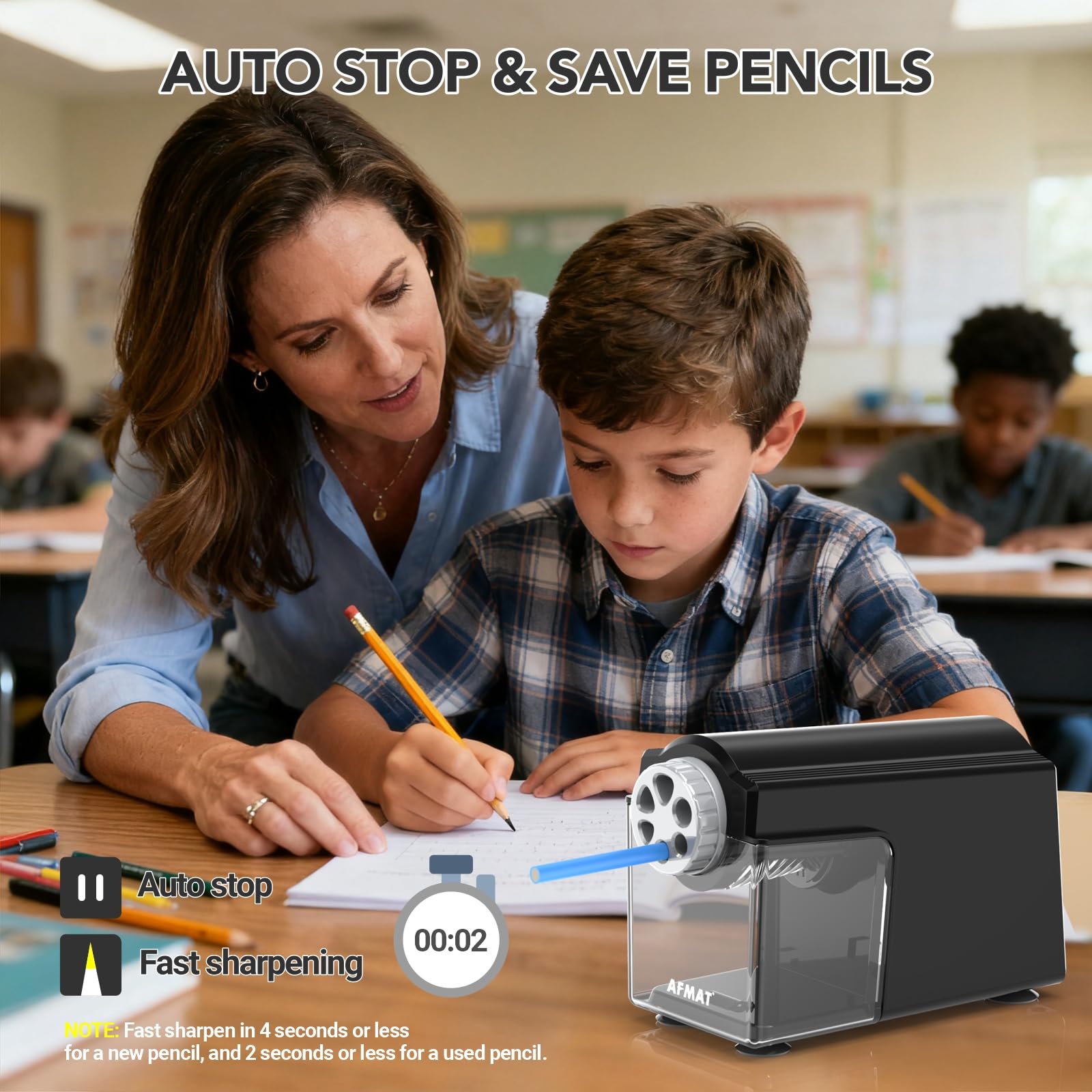 AFMAT Sacapuntas eléctrico, 6 orificios, sacapuntas eléctrico con recipiente para 6-11 mm, recargable por USB, de alto rendimiento, robusto, eléctrico para aula, escuela, hogar, oficina, negro