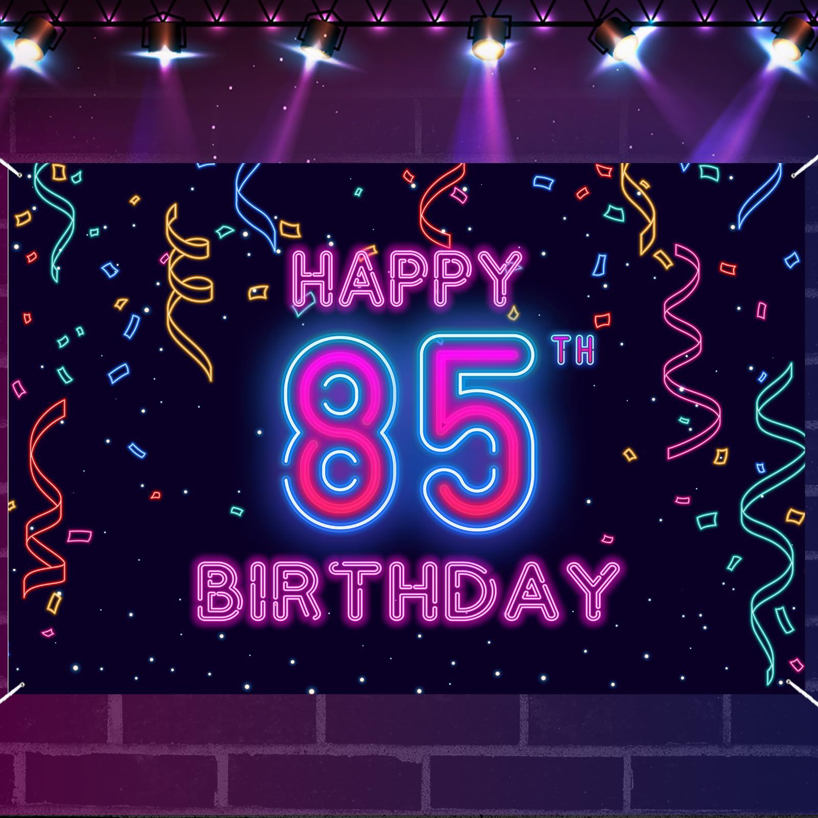 85th Neon Birthday Banner Backdrop, 85 Years Birthday Party Banner Let Glow Party Disco Dance Neon Theme Backdrop, Colorful Night Decorations for Girls Boys Women Men Photo Props Supplies Glitter — image 1