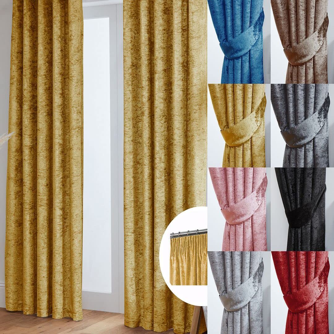 John Aird Ochre Crushed Velvet Fully Lined Pencil Pleat Curtains (, 46" Wide X 90" Drop)