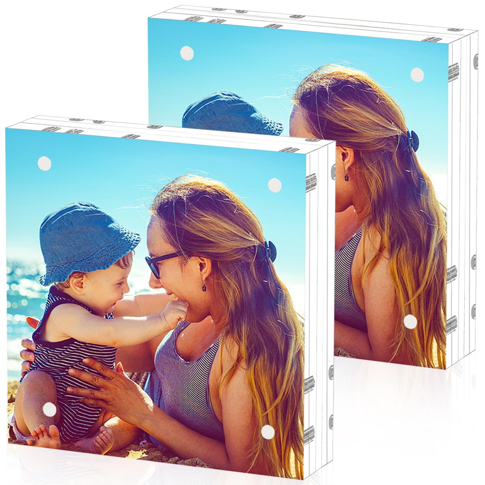 HELPLEX Acrylic Frame, 2 Pack 6x6 Acrylic Picture Frames, 24mm Thicker Square Frameless Clear Double Sided Magnetic Frame, Free Standing Desktop Display