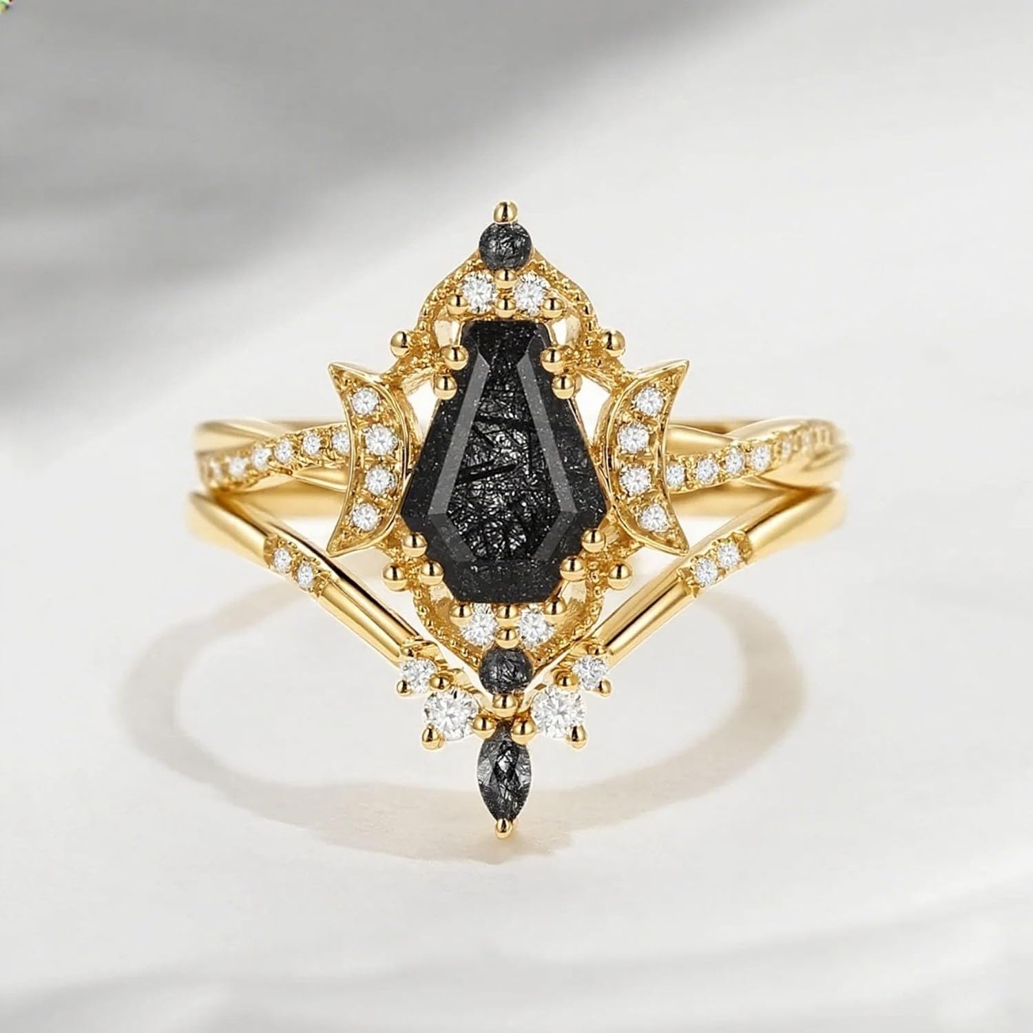 1/1.5/2 Carat Coffin Cut Black Rutilated Quartz Wedding Ring Set for Women S925 10K 14K 18K Gold Black Rutilated Quartz Engagement Rings Unique Bridal Set Promise Rings for Her