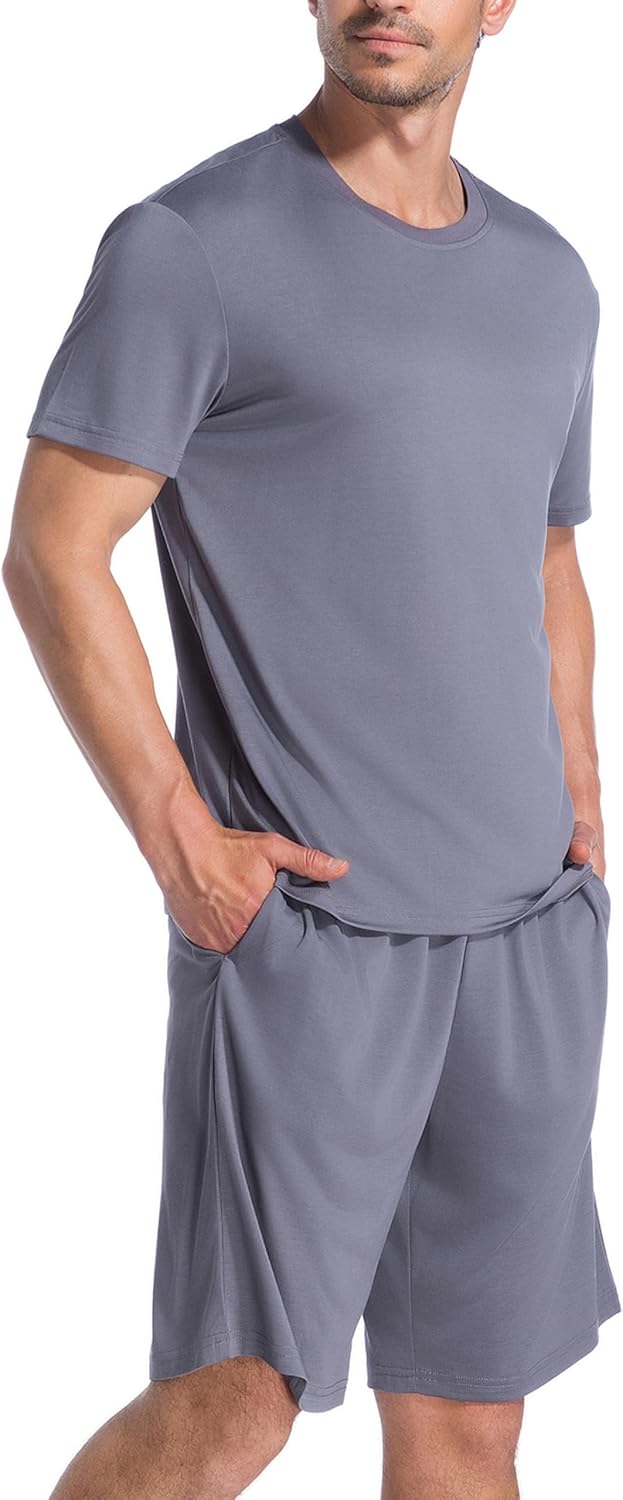 SlumberMee Mens Pajama Set Soft Cooling Viscose Summer Pjs Short Sleeve Sleepwear 2 Piece Crew Neck Loungewear with Pockets