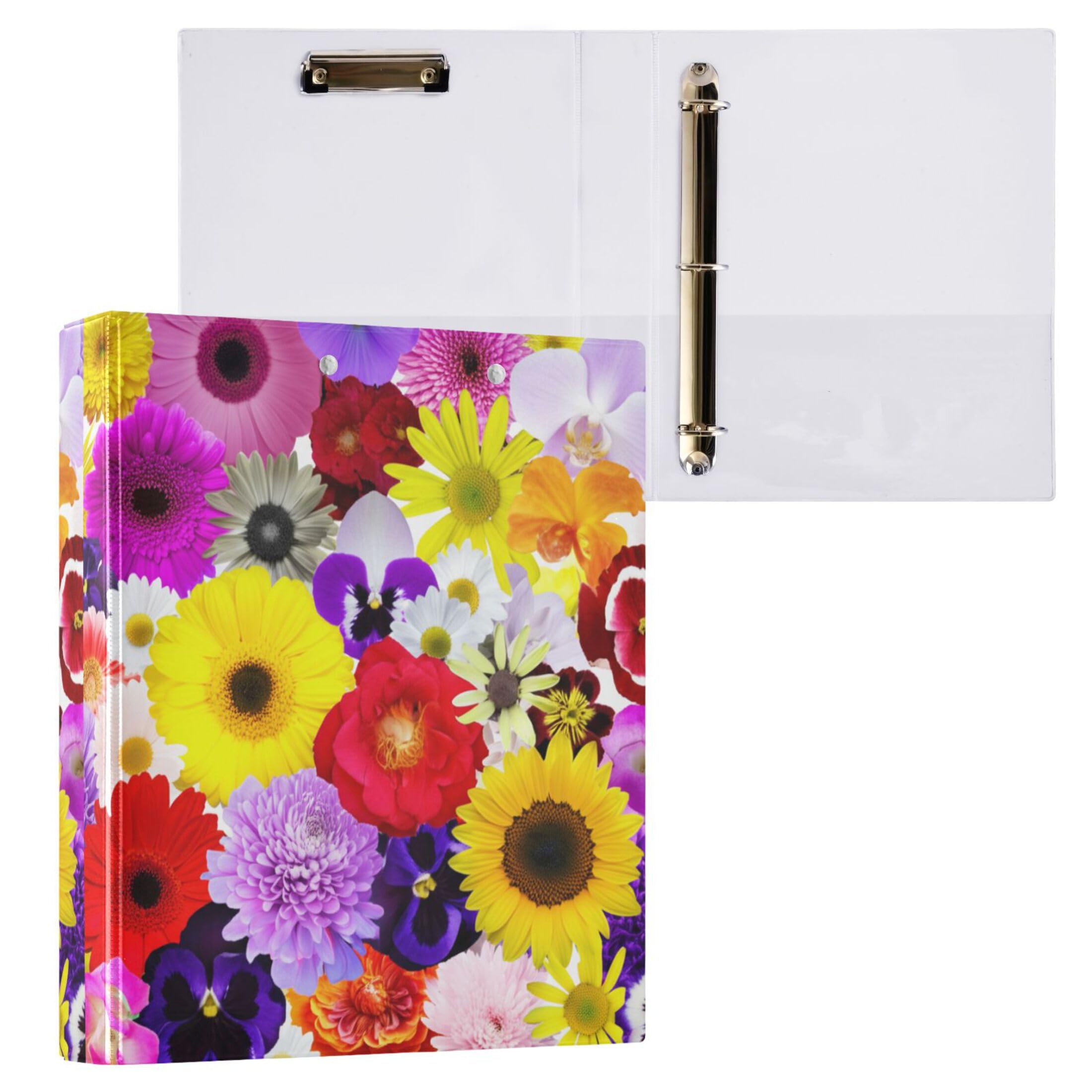 Raccoglitori con fiori colorati e vivaci, 3,8 cm, 3 anelli, 200 fogli, cartellina con anelli rotondi, 31,5 x 27 x 6 cm, confezione da 2