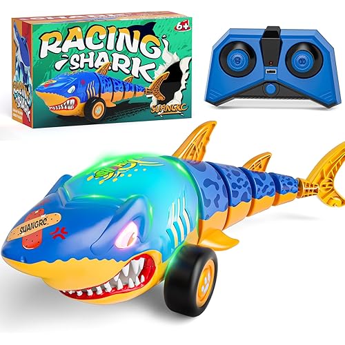 RC Shark Car Toy for Kids, 2.4Ghz Remote Control Shark with Swinging Tail, LED Lights, RC Car Toys for 3-6 Year Old Kids, Fun Gift Idea for Boys & Girls