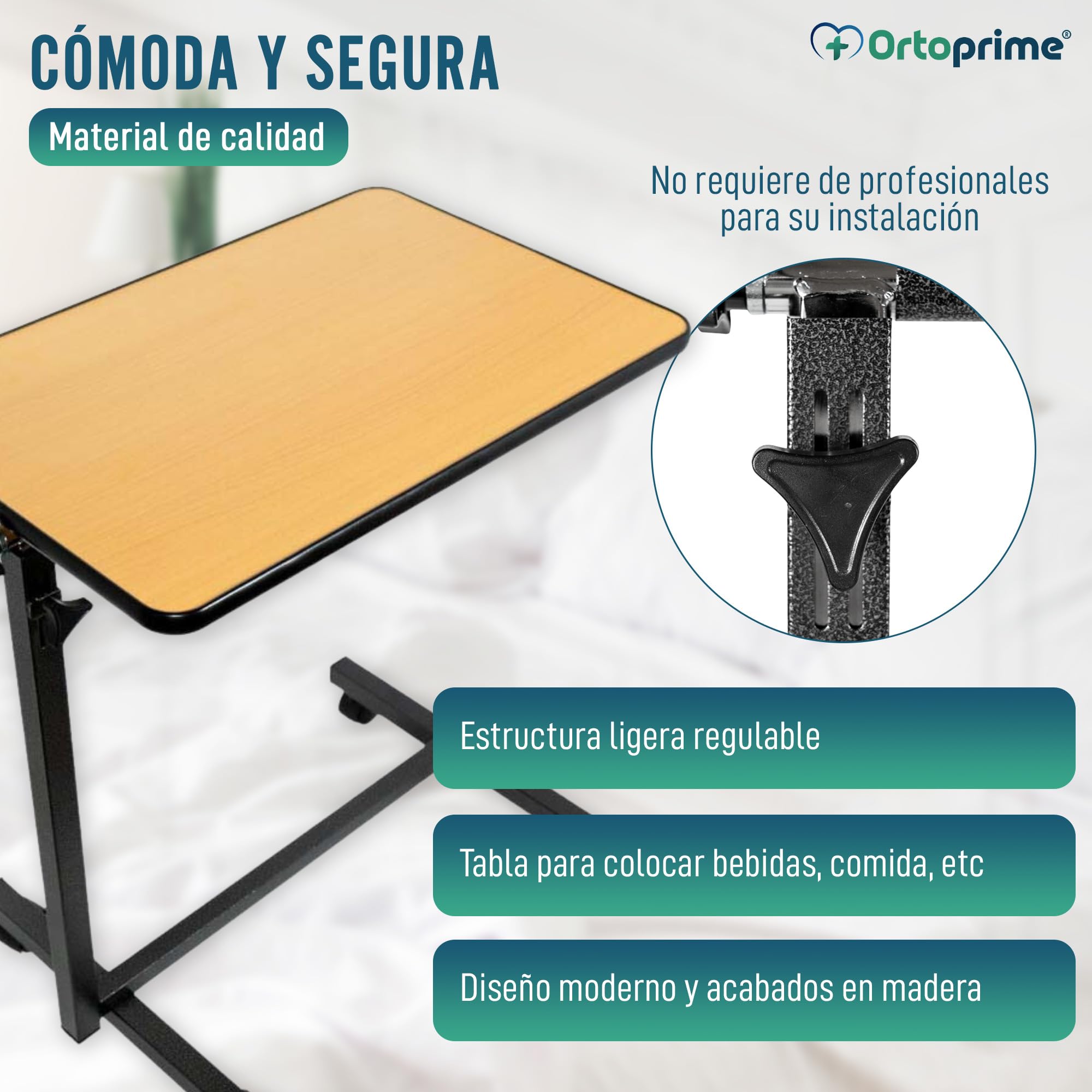 OrtoPrime Table d'appoint pliante avec roulettes - Table d'appoint Bois Salon canapé et lit - Table pliante portable - Table hôpital Manger aide plus âgés Lit et fauteuil roulant - Table à roulettes