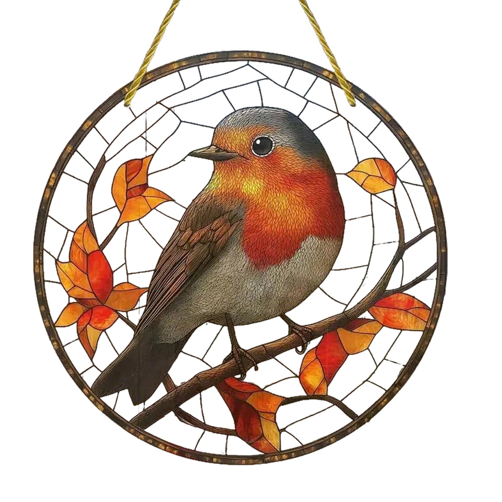 Olivvia Red, Multi-Colored Robin Stained Glass Effect Suncatcher Window Hanging - 20Cm Round Branch Red Breast Bird Pendant, 2D Acrylic Wall Decor, Ideal Housewarming & Birthday Gifts For Bird Lovers & Moms