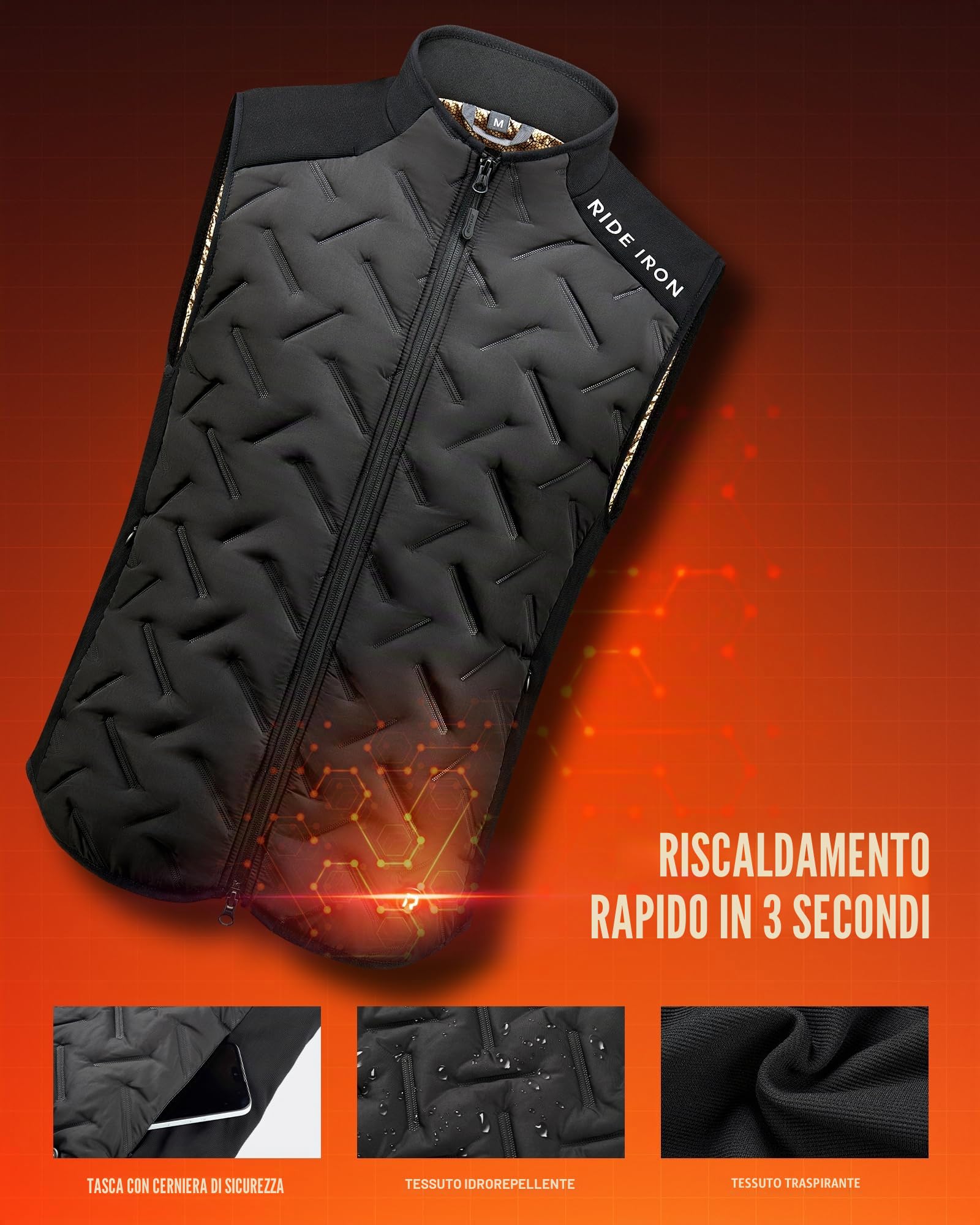 RIDEIRON Gilet Riscaldato Uomo | USB (Power Bank Escluso) | Nano-Film Carbonio | 3-Zone Calore (Petto/Schiena) | Lavabile | Moto & Outdoor