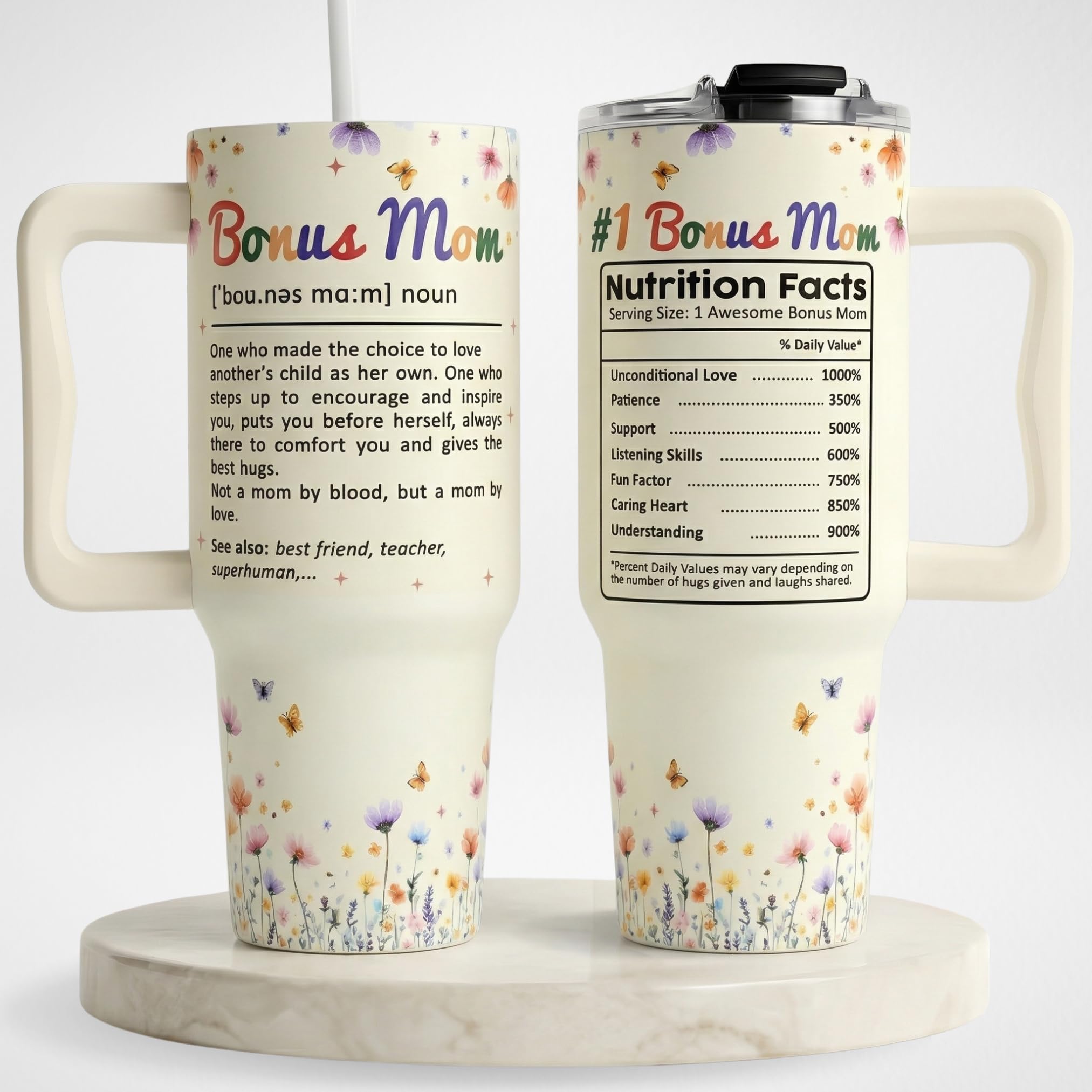 Bonus Mom Gifts 40 Oz Tumbler with Handle and Straw, Bonus Mom Gift with Funny Nutrition Facts Design, Gifts for Step Moms, Birthday Gifts for Bonus Moms from Daughter, Son or Family