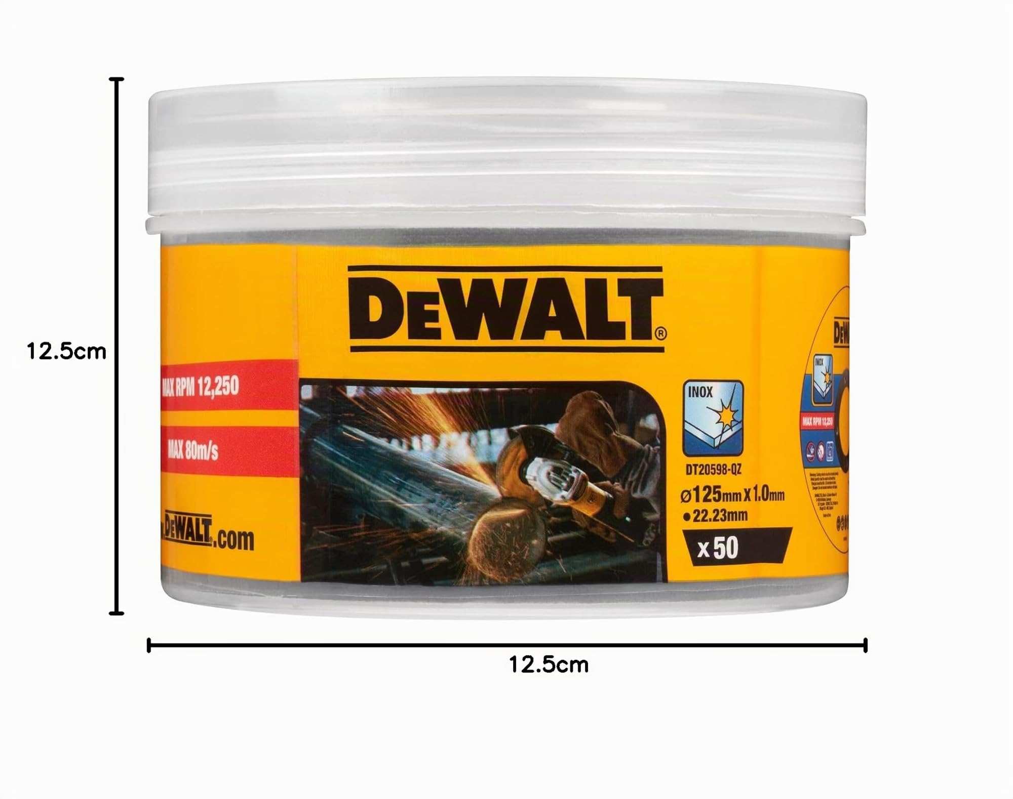 DEWALT DT20598-QZ - Disco de corte de acero inoxidable, ø 125 mm x 1,0 mm, Cortes rápidos y limpios, Para amoladoras angulares, Incluye 50 piezas en un cubo