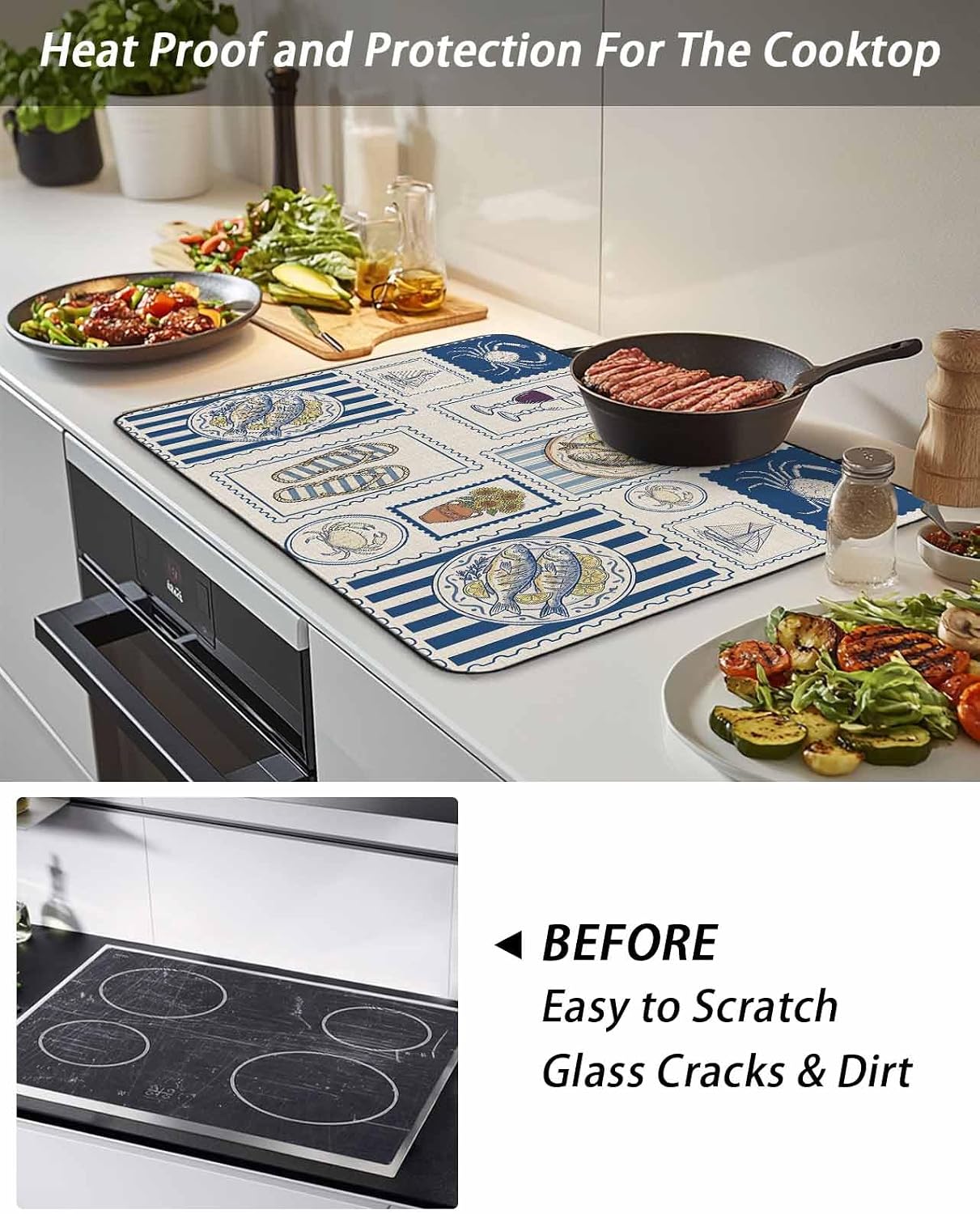 Summer Animals Stove Top Covers for Electric Stove, Cartoon Flip-Flops Grilled Fish Crab Cute Sailboat Glass Ceramic Stove Cover Rubber Mat Heat Resistant Cooktop Protector for Kitchen 36'x21''