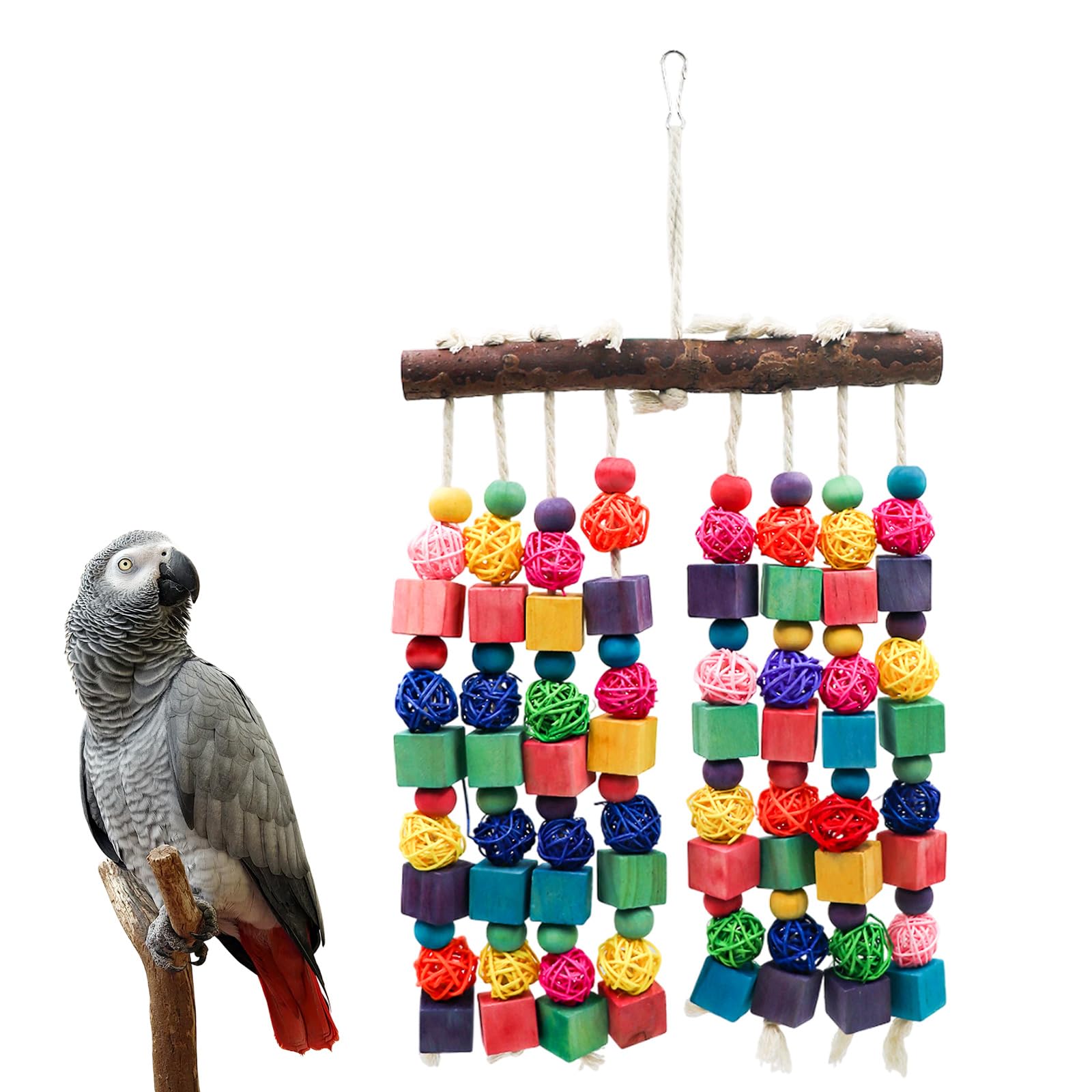 Bird Toys, Natural Bird Toys with Colorful Wooden Blocks, Bird Toys for Parrots, Bird Chew Toys for African Grey, Budgies, Cockatiels, Lovebirds, Conures, Quakers, Amazons, Small to Medium Birds