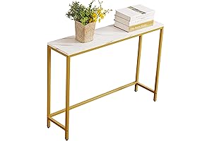 Slim TV Console, Faux Marble MDF Sofa Table with Golden Frame