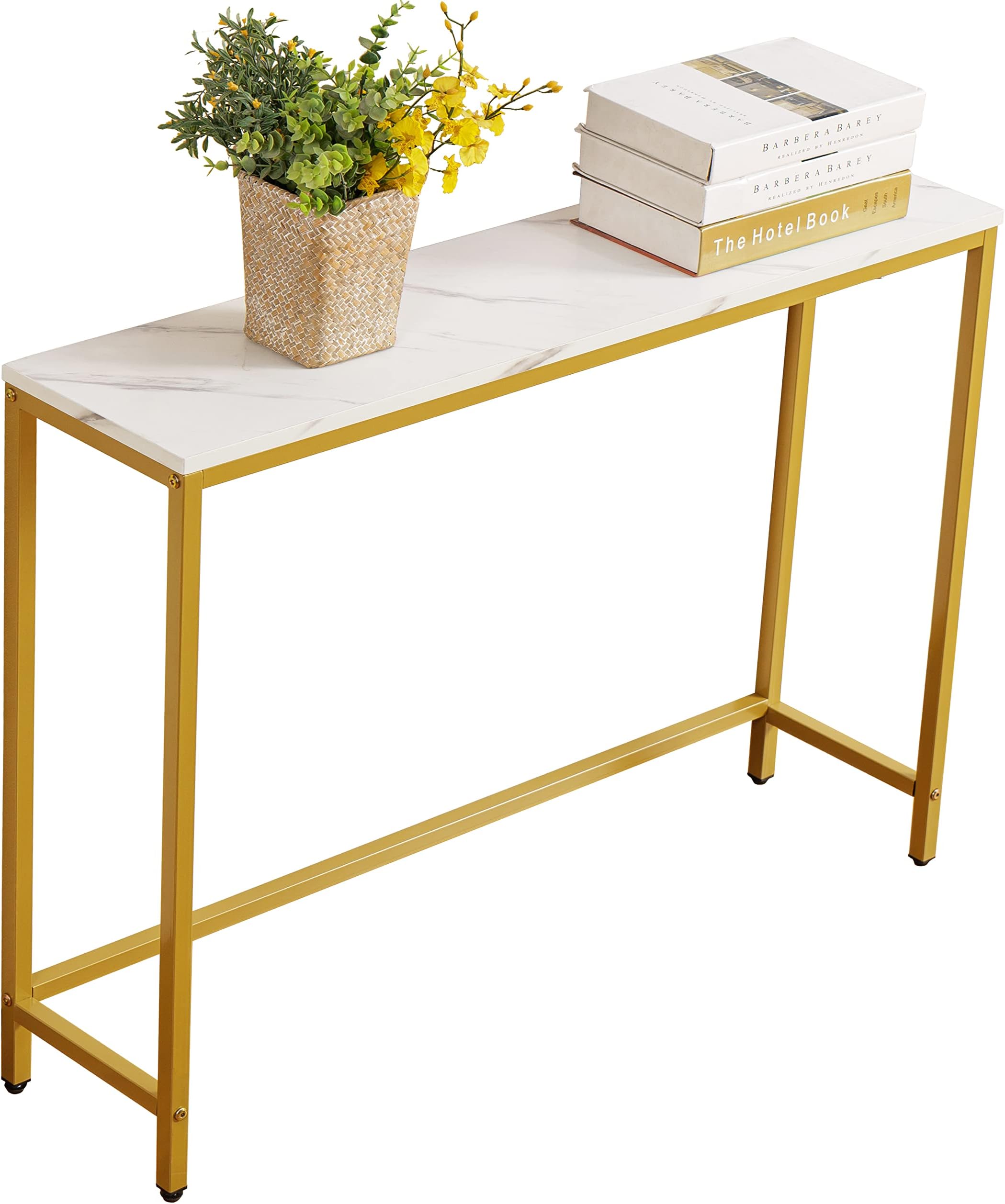 loglus Console Table for Entryway, Faux Marble MDF Sofa Table with Golden Frame (Single Layer, White Marble)