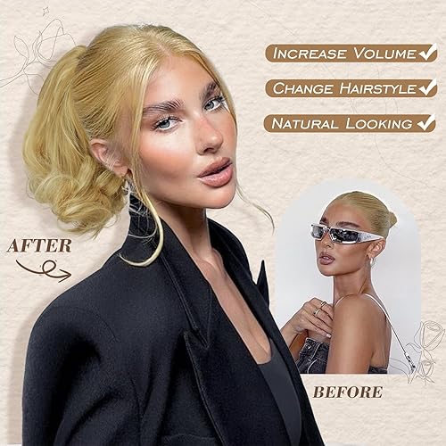 Miniatura 3 de BARSDAR Extensión de cola de caballo con clip, 9 pulgadas, con cordón, corto, ondulado, rubio, extensiones de cabello sintético con clip en colas de