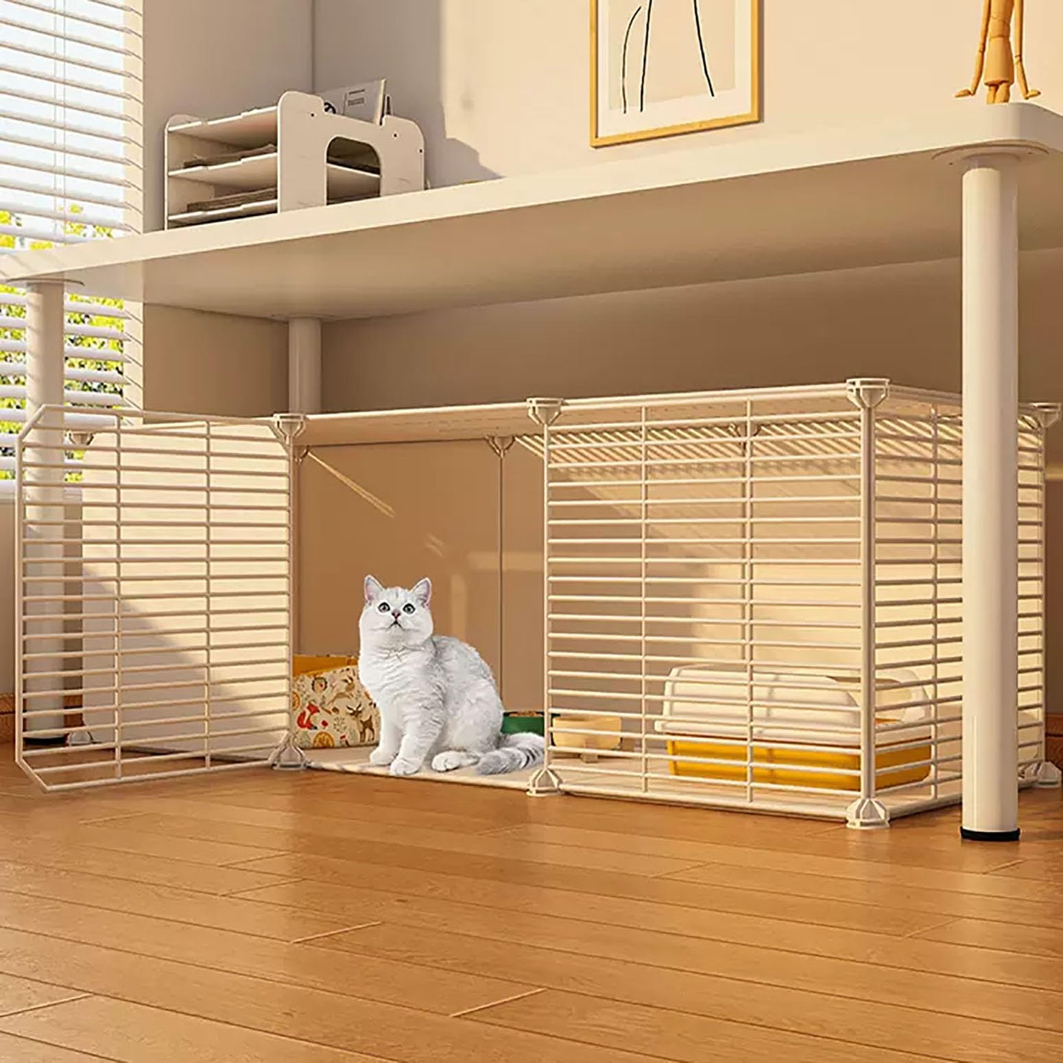 Cage pour Chats Intérieurs avec Bac à Litière, Enclos Chat Balcon Grille de Raffinement DIY, 111x39x37cm