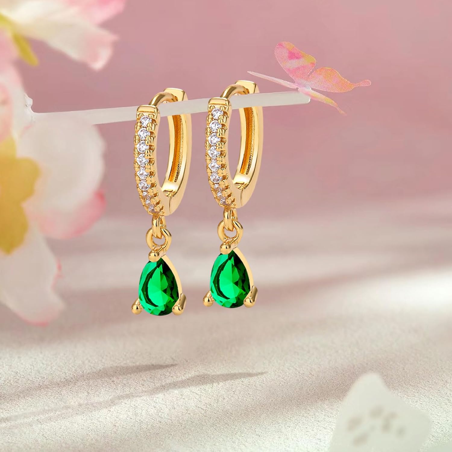 14K Gold Birthstone Trendy Dangle Earrings for Women Teardrop Small Hoop Huggie Hypoallergenic CZ Minimalist Open Earrings Jewelry For Women Gift - Image 6