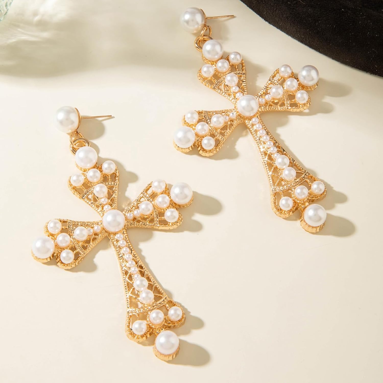 Gothic Cross Earrings for Women Vintage Pearl Drop Dangle Earrings Chunky Gold Statement Jewelry Punk Style Retro Exaggerate Big Cross Jewelry - Image 7