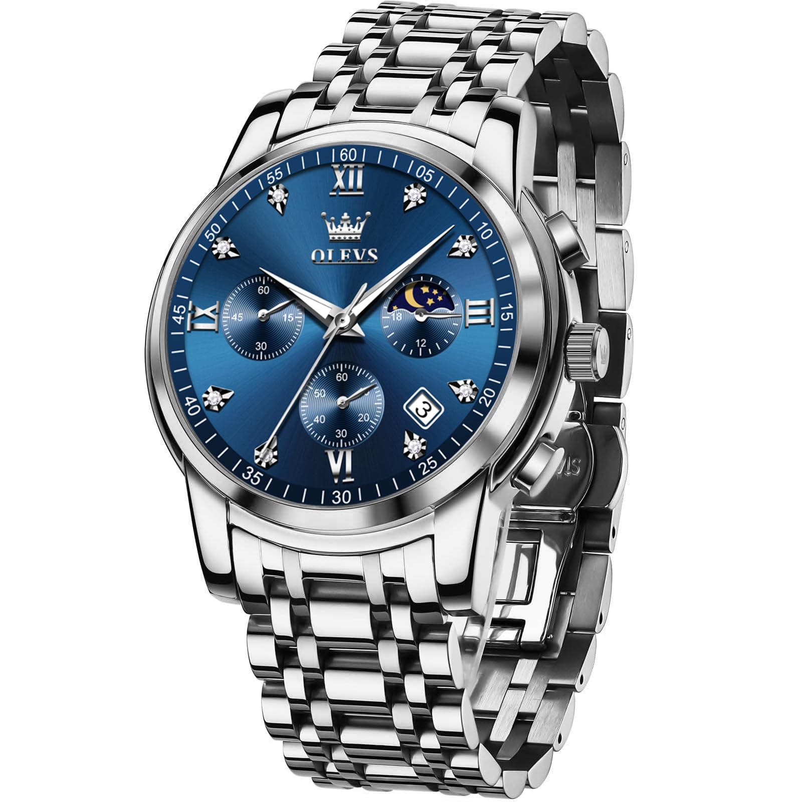 OLEVS Edelstahl Herrenuhren Chronograph Modern Quarz Analog Armbanduhr Herren mit Datum Diamant Leuchtende Uhren Herren Metallarmband Geschenke für Männer