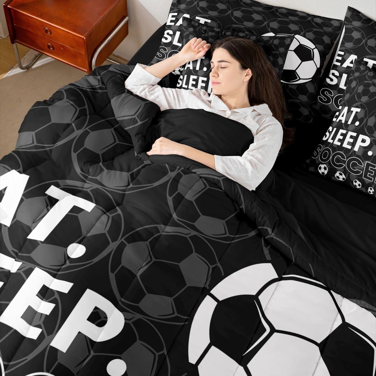 Erosebridal Black Football Games Boys Comforter Set Queen Size 7 Pieces | Soccer Gaming Theme Bed in A Bag Sports Pattern Bed Set Kids Teens Bedding