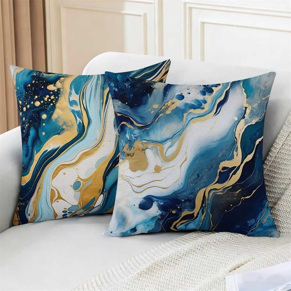 Federe Cuscini da Esterno Impermeabili 65x65 Blu Copri Cuscini per Divano Marmo Federa Cuscino Astratto Decorativi Copricuscini per Divano Giardino Patio Soggiorno Copricuscino Set di 2 (IU325)