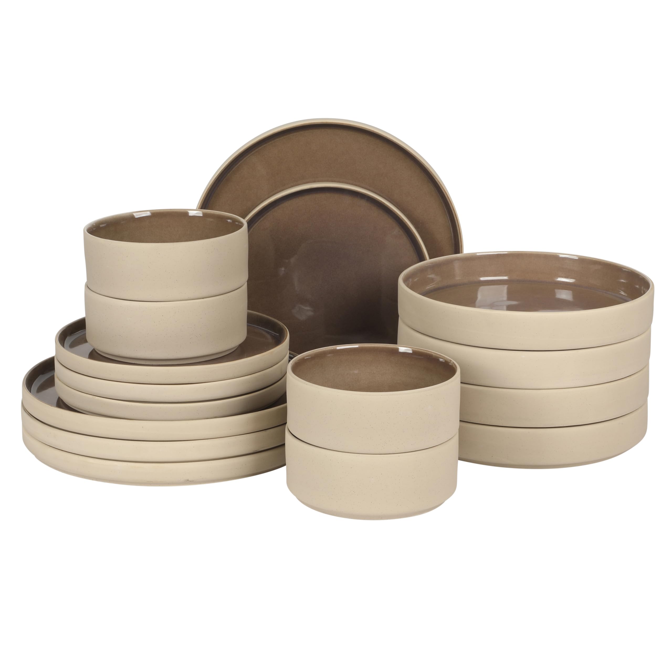Liberty Bay 16-Piece Pottery Clay Stoneware Dinnerware Set – Mocha Brown Reactive Glaze, Stackable Plates and Bowls W/Pasta Bowl, Service for 4 – Microwave & Dishwasher Safe