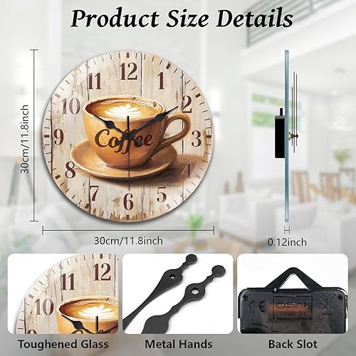 Miniatura 2 de peacoblue Reloj de pared con pilas, color café, de 12 pulgadas, redondo, de cristal, sin tictac, para cocina, sala de estar, comedor, dormitorio y