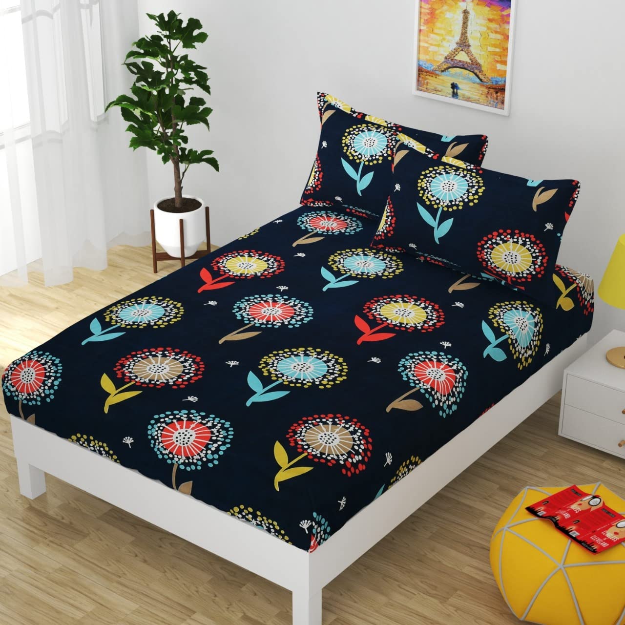 NEW HOME TREND Single Diwan Bedsheet with 2 Pillow Covers - Poly Cotton Comfort Sheets for Single Beds for Living Room - Single Bed Printed Super Soft Flatsheets, 60 x 84 Inches, Navy Blue