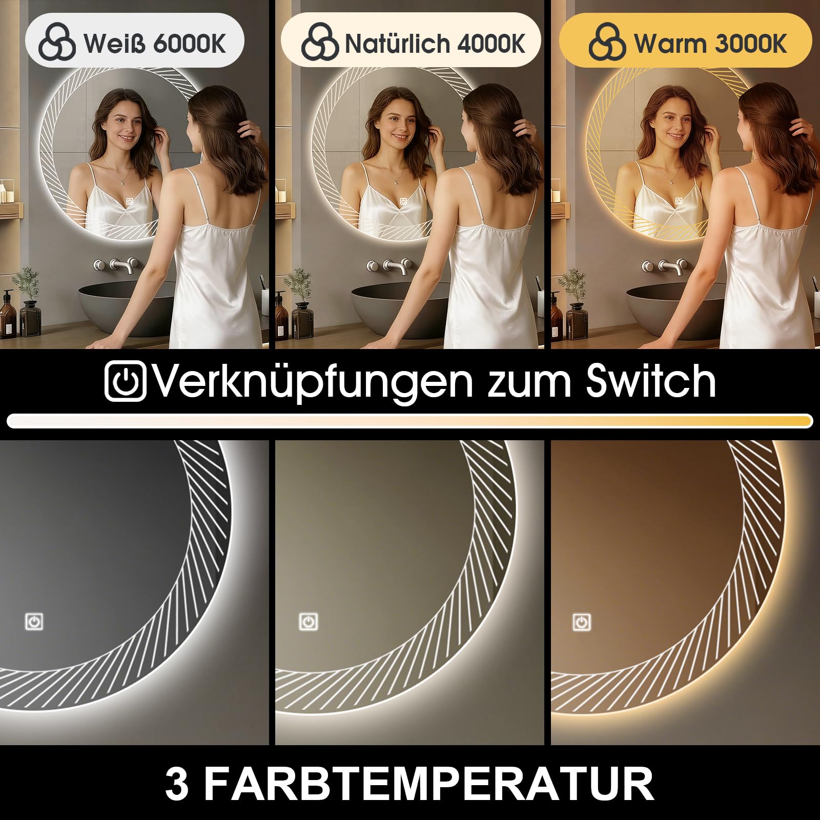 Specchio da parete per bagno, con illuminazione, (80 x 80 cm)