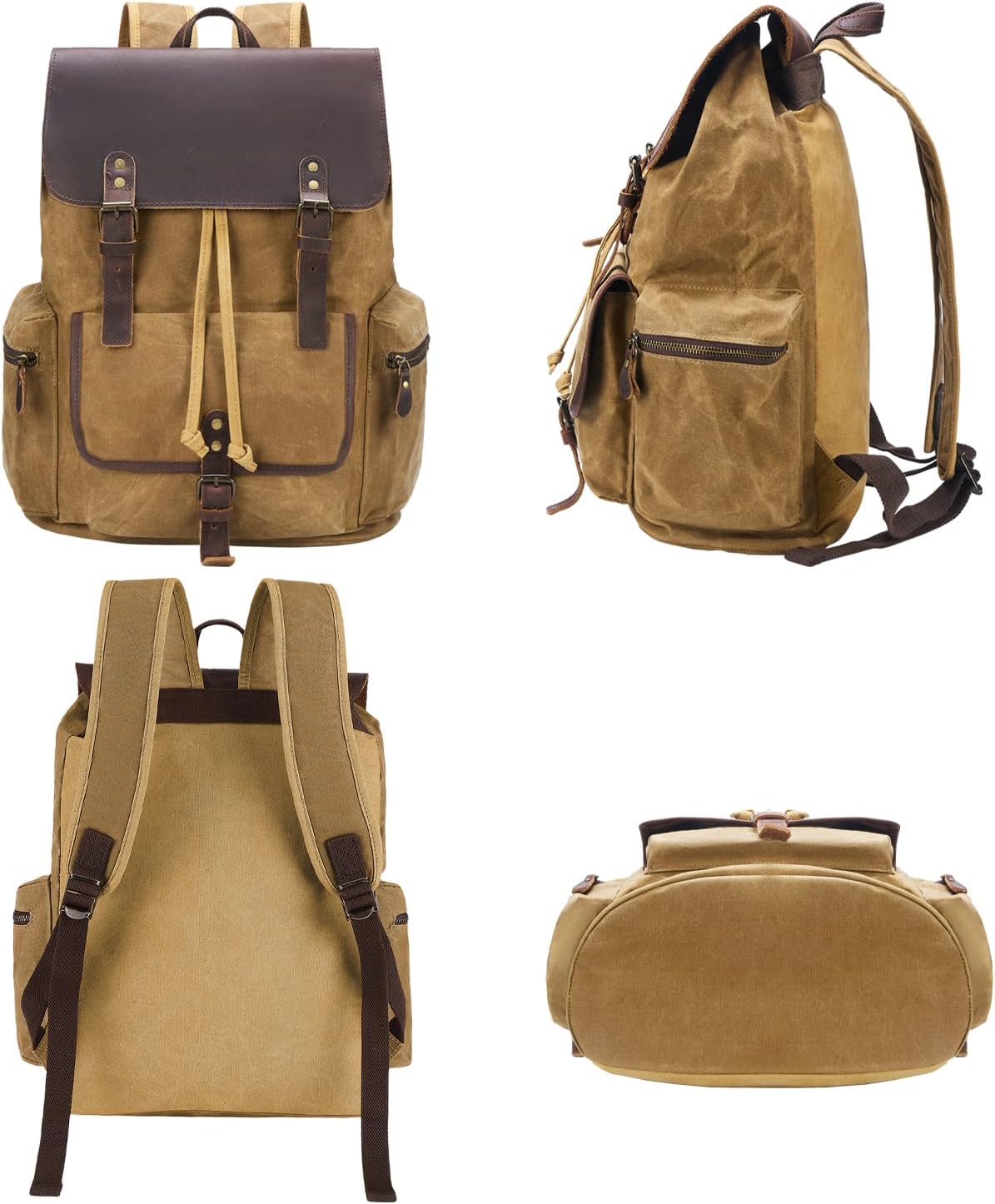 Vintage Waxed Canvas Backpack Casual Genuine Leather Laptop Rucksack Shoulder DayPack for Travel/Hiking/School - Image 6