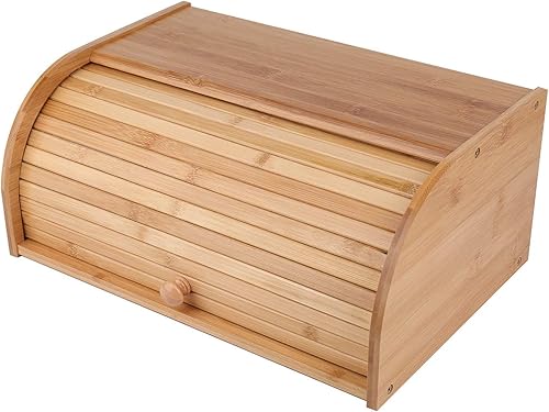 Lawei Panera de bambú, caja de pan grande de madera con parte superior enrollable, contenedor de almacenamiento de pan para encimera, soporte para