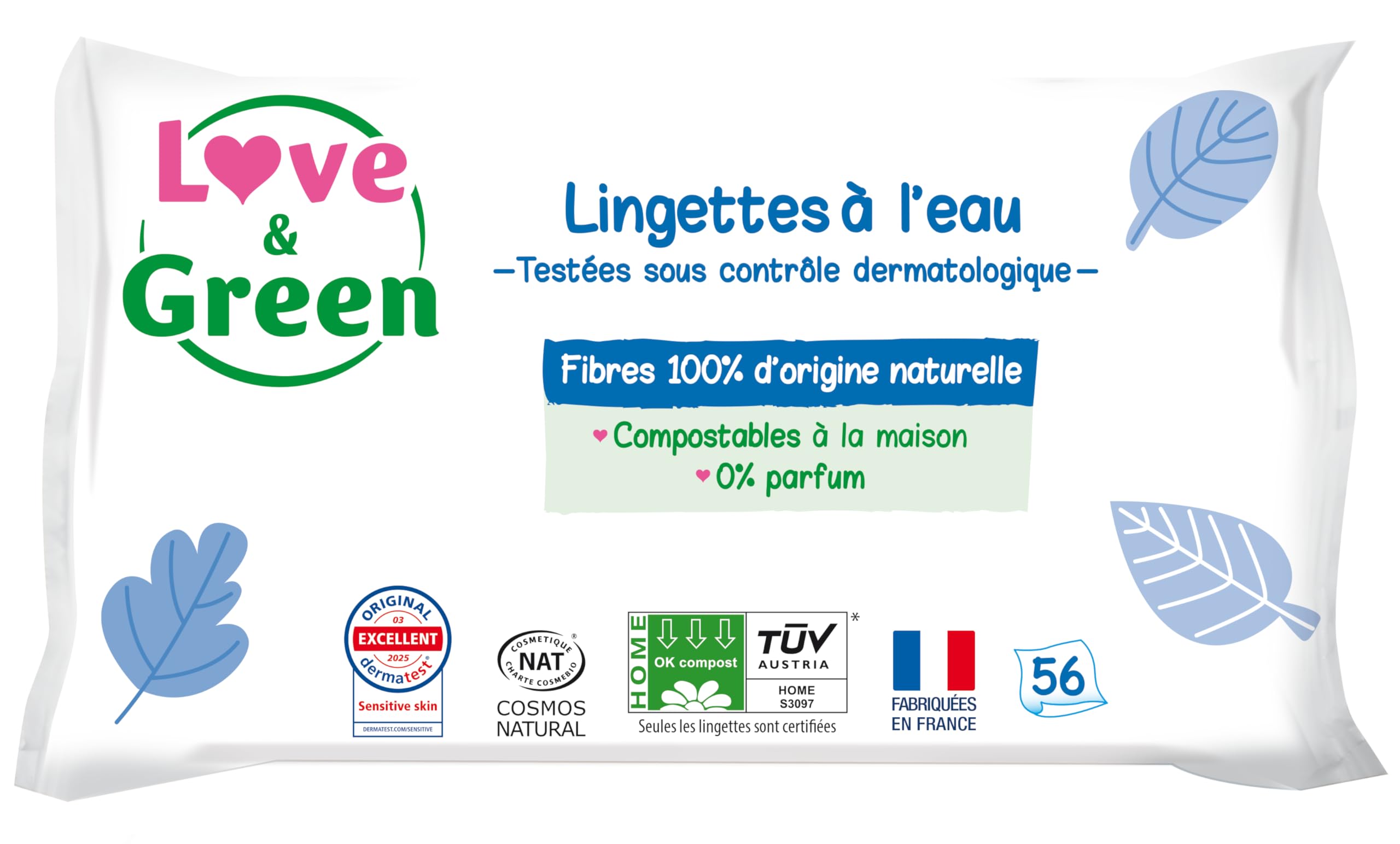 Love & Green Healthy and Ecological Water Wipes, Pack of 56 Wipes, Cosmos Natural Certified by ECOCERT and FSC, Recyclable Packaging