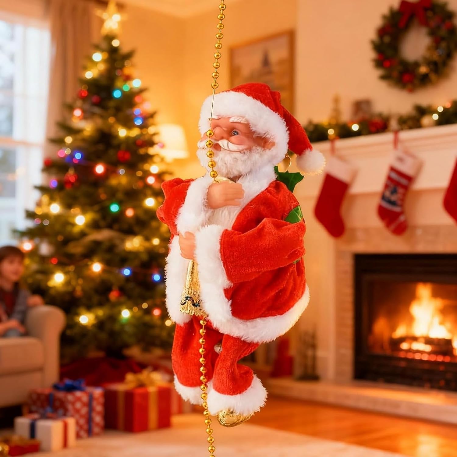 2026 New Santa Claus Musical Climbing Rope, 9" Electric Hanging Climbing Santa On Rope, with Funny Light Musical and Sound, Battery Operated Toy, Christmas Home Ornament for Parties (Blue, 1P)