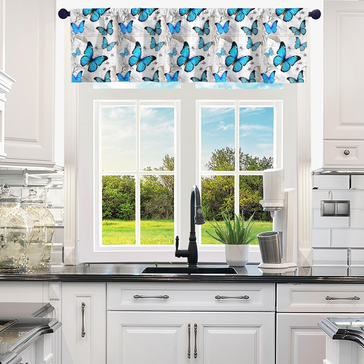 Erosebridal Blue Butterfly Valance Curtains,Mysterious Butterflies Wildlife Window Treatment Valances,Rustic Farmhouse Style Blackout Valances, Darkening for Bathroom Window Curtains,52" W X 18" L
