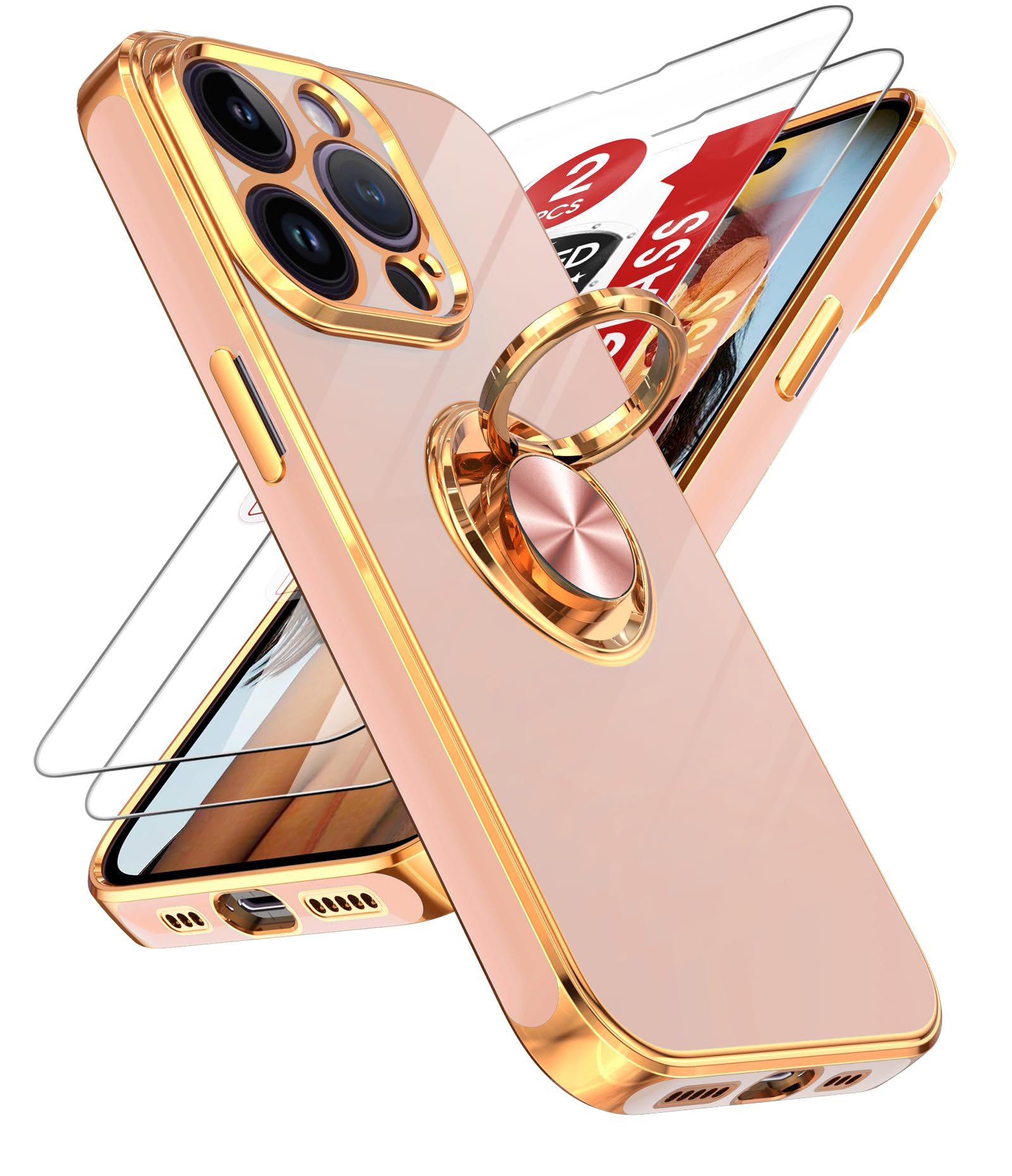 LeYi for iPhone 14 Pro Phone Case: 2 Pack Tempered Glass Screen Protector and 360° Rotatable Ring Holder Magnetic Kickstan...