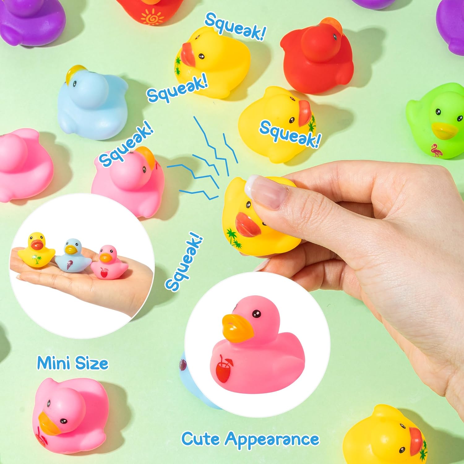 Haooryx Summer Mini Rubber Duck - 120Pcs Hello Summer Ducky Squeak Bathtub Float Bath Toy Novelty Squeak Duck for Kids Holiday Party Decor Classroom Reward Birthday Gift Baby Shower Party Favor Supply