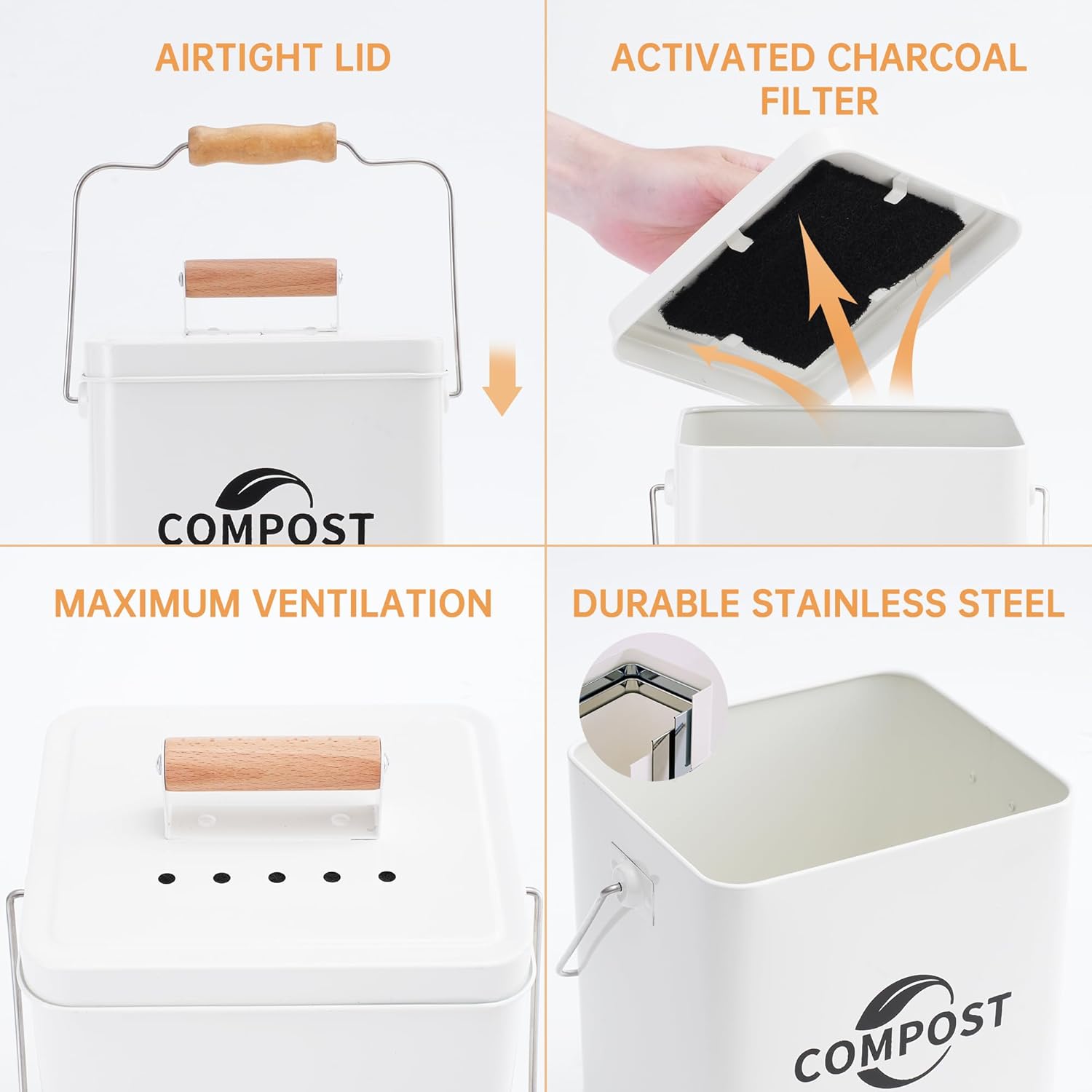 Kitchen Compost Bin, 1.7 Gallon Countertop Compost Bin with Lid and Charcoal Filter, Kitchen Composter for Food Waste, Rust Proof Indoor Bucket, White