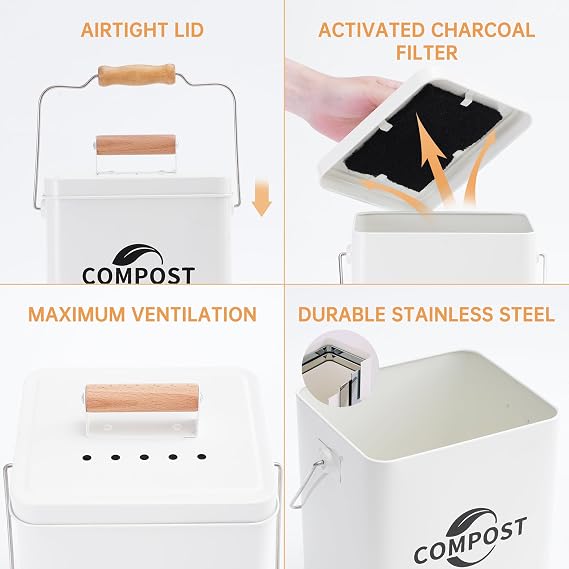 Kitchen Compost Bin, 1.7 Gallon Countertop Compost Bin with Lid and Charcoal Filter, Kitchen Composter for Food Waste, Rust Proof Indoor Bucket, White