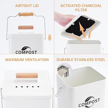 Kitchen Compost Bin, 1.7 Gallon Countertop Compost Bin with Lid and Charcoal Filter, Kitchen Composter for Food Waste, Rust Proof Indoor Bucket, White