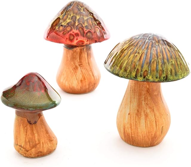 3 x Decorative Toadstool Ornaments  Indoor Outdoor Hand Finished Ceramic Glazed Mushroom Decorations  Home Garden Lawn Patio Border Decor, One of each 16, 14 & 10cm Tall