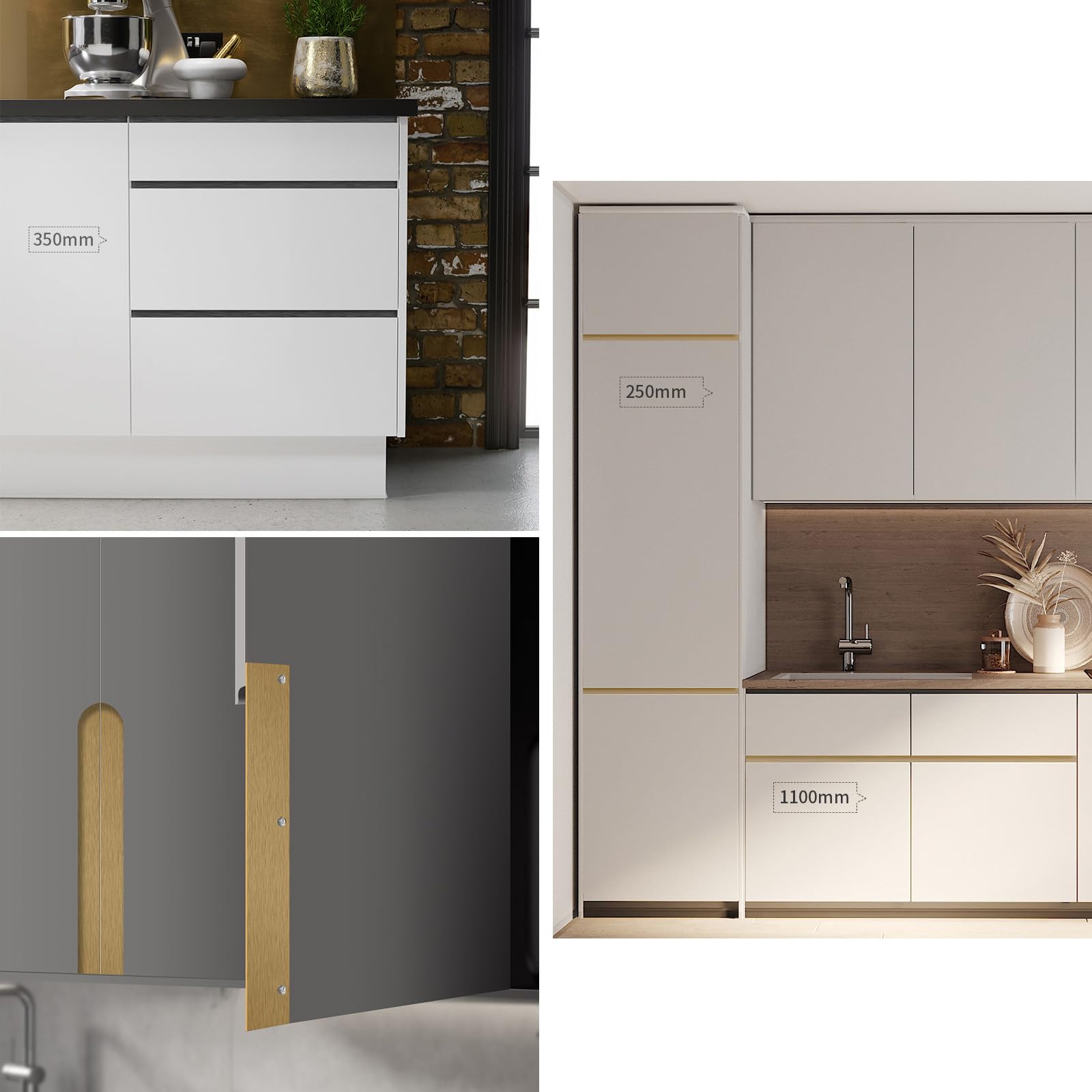 Lot de 2 plaques décoratives en alliage d'aluminium massif de 35 cm - Noir - Pour porte - Poignée invisible - Pour armoire
