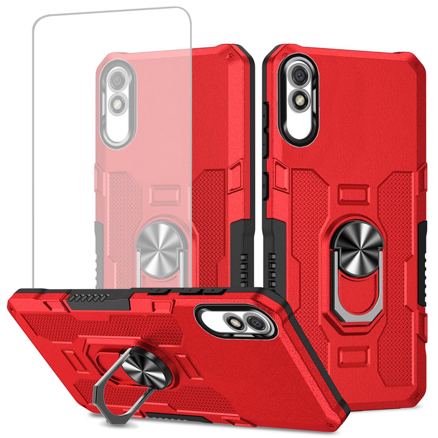 Ueokeird Case for Redmi 9A/Redmi 9i/Redmi 9AT M2006C3LG Case with Tempered Glass Screen Protector, Heavy Duty Protection with Metal Ring Magnetic