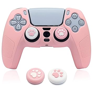BRHE PS5 Controller Skin Dockable Kawaii Accessories Silicone Grip Cover Case Set for Playstation 5 Gamepad Joystick with 2 Cute Cat Claw Thumb Caps (Sakura Pink)