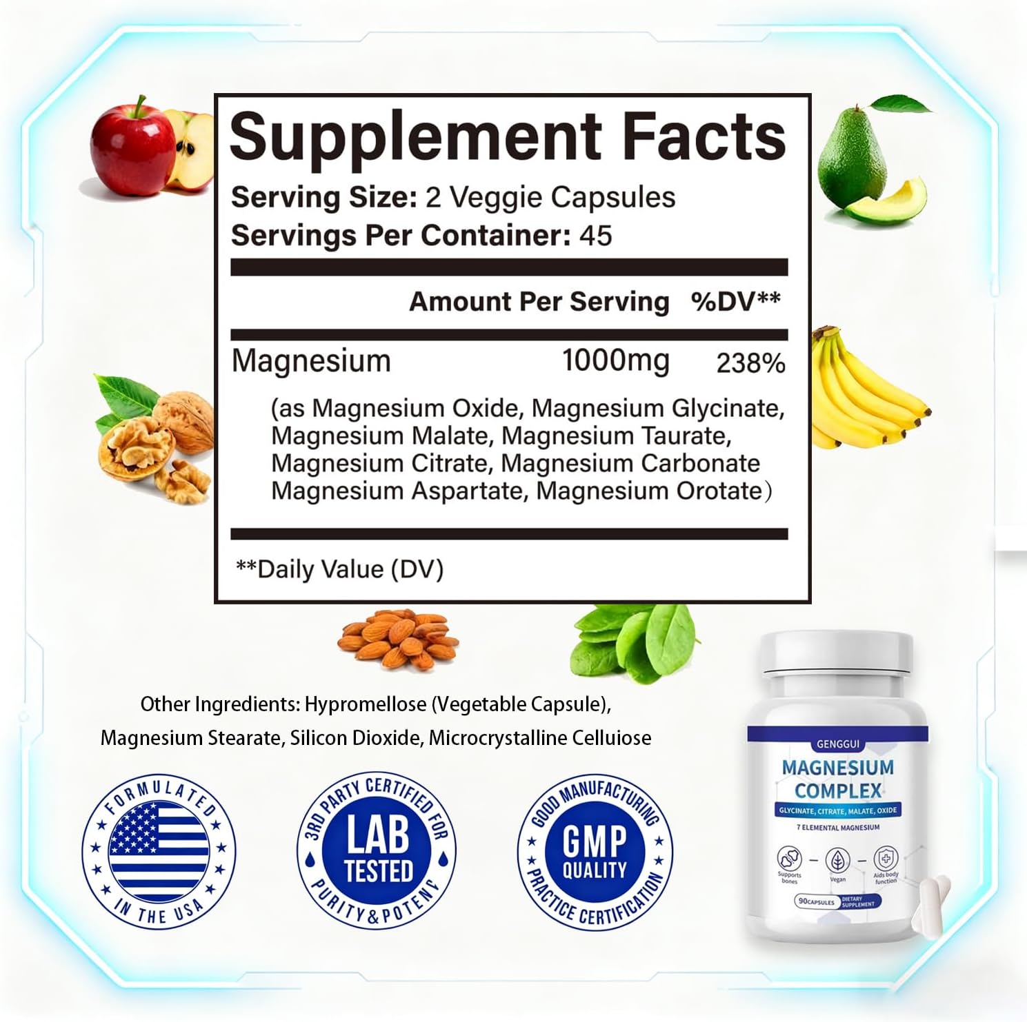 Magnesium Complex 7 Elemental Supplement 1000mg | Glycinate, Citrate, Malate for Easy Absorption | Supports Sleep, Energy, Muscle Recovery & Stress Relief | Vegan Non-GMO, 90 Capsules - Image 2
