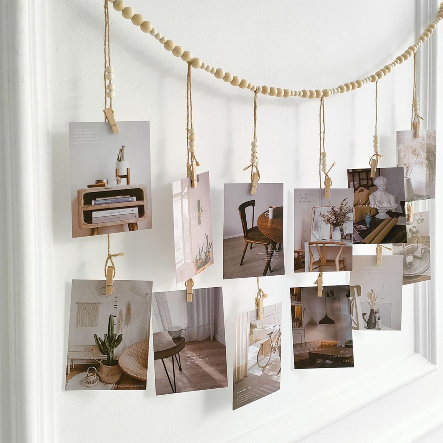 Esposore per foto da appendere con corde di perline di legno colorate a forma di tronco, portaoggetti per foto, corda di nappe, corda di canapa, clip per corde di perline, decorazione per