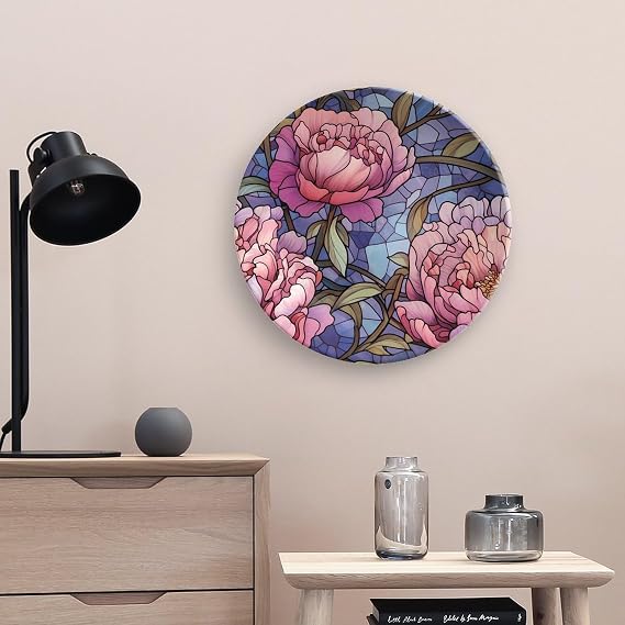 Decorative Plates for Wall Hanging, Pink Floral Stained Glass Painting Ceramic Plate w/Display Stand, Home Decor for Kitchen Cabinets, Farmhouse Round Tray 10 Inch, Gift for Peonies Lover