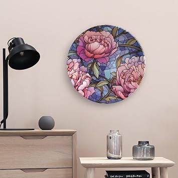 Decorative Plates for Wall Hanging, Pink Floral Stained Glass Painting Ceramic Plate w/Display Stand, Home Decor for Kitchen Cabinets, Farmhouse Round Tray 10 Inch, Gift for Peonies Lover