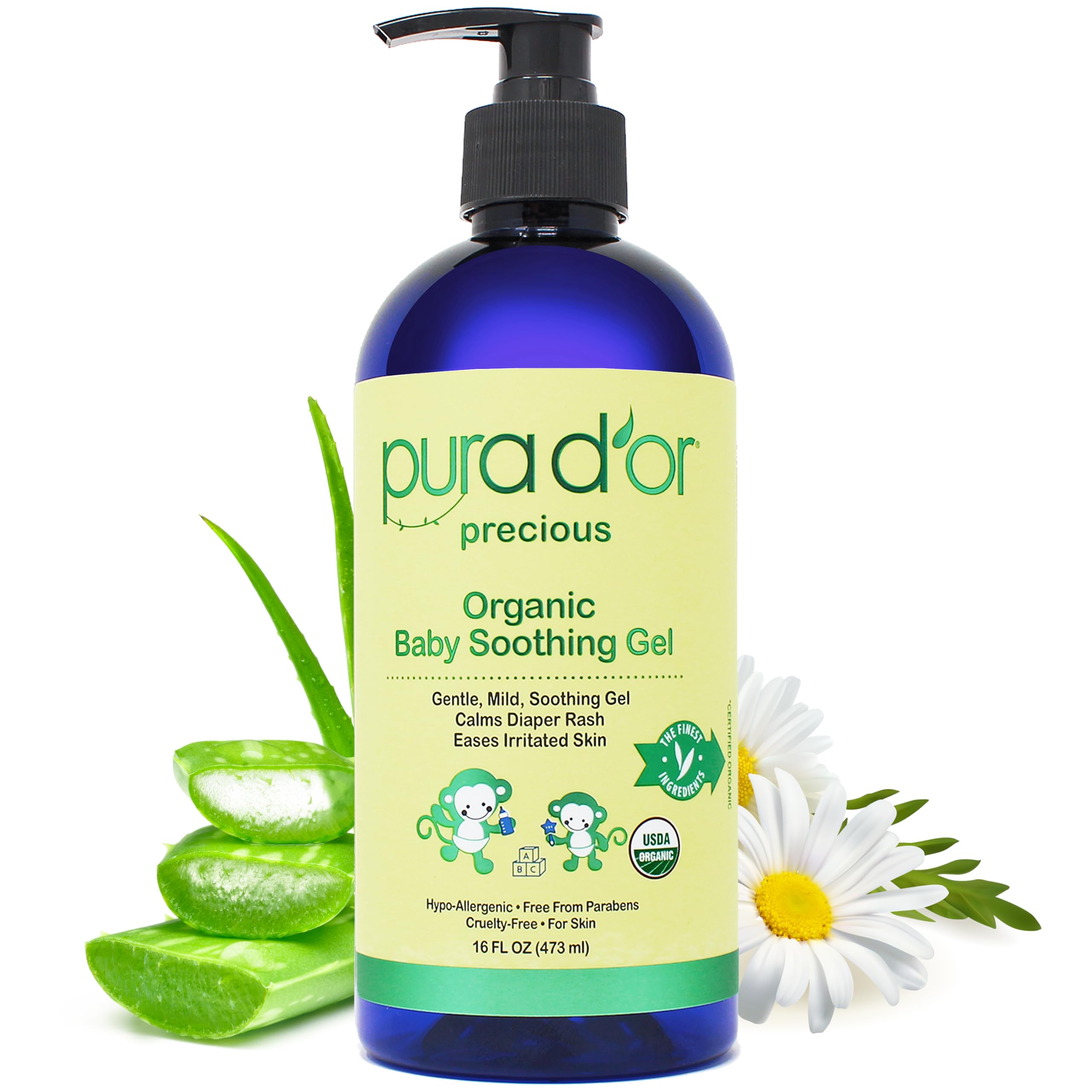 PURA D'OR 16 Oz ORGANIC Baby Soothing Gel For Sensitive Skin - Diaper Rash & Irritation Relief with Aloe Vera, Tamanu Oil, Chamomile, Jojoba, & Almond OilUSDA Organic